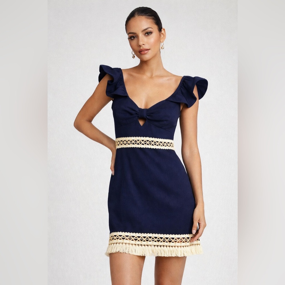 PatBO NEW Navy Ruffle Mini Dress w/ Crochet Waist & Fringe Hem | Size 4